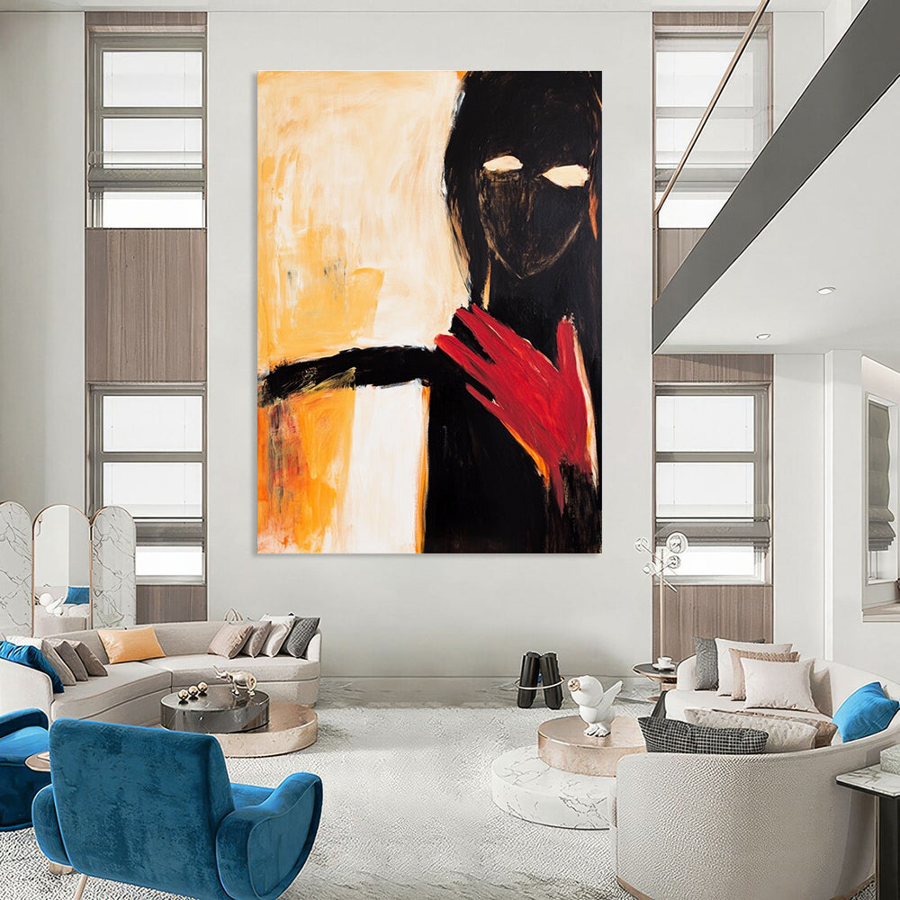 Large abstract painting of an elegant woman in black and white with a striking red hand and warm shades of yellow and orange.STSC640