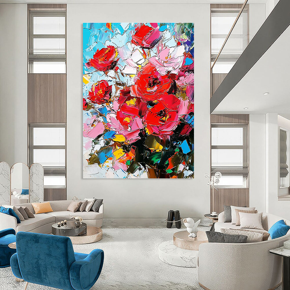 Large abstract painting featuring red roses with a palette knife technique showcasing high-contrast pink and blue hues on canvas.STSC927