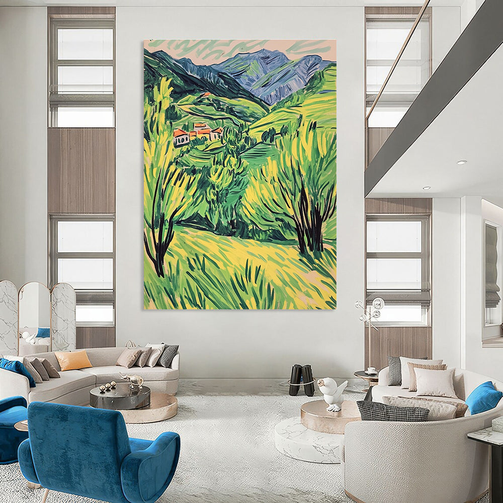 A large abstract painting capturing a vibrant spring Alps landscape in doodle style with simple lines and lively green and yellow hues.STSC1017