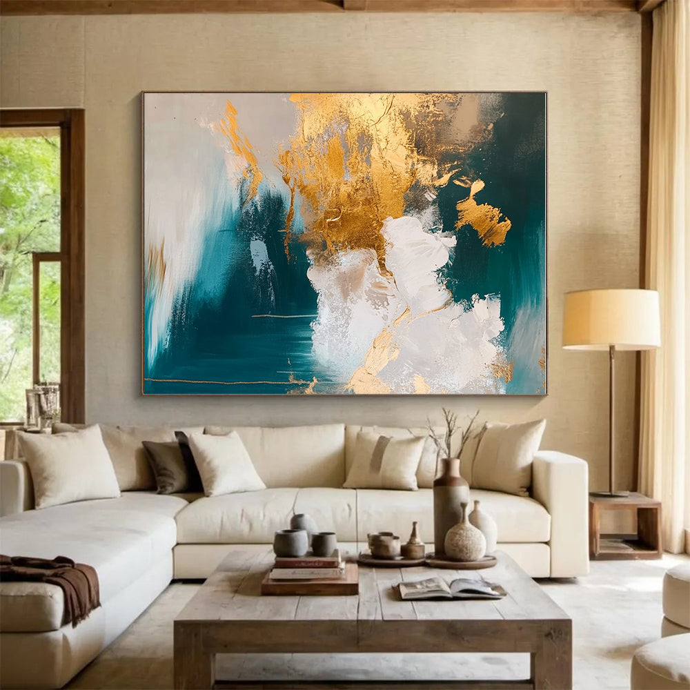 Teal and Gold Abstract Painting with Cloud - like Textures GER630
