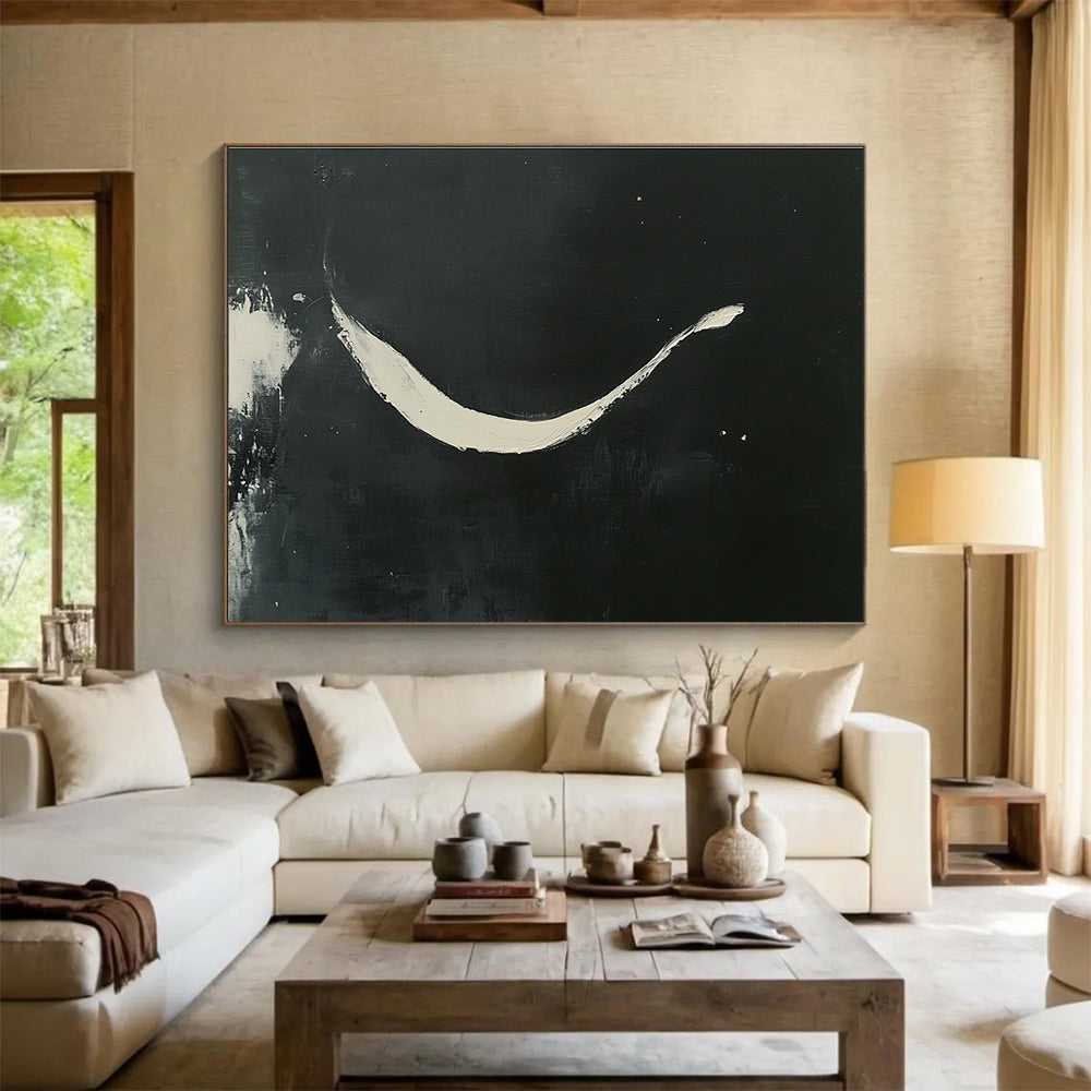 Large abstract painting featuring curved white brush strokes on a black background showcasing elegance and negative space in a minimalistic style.SC186