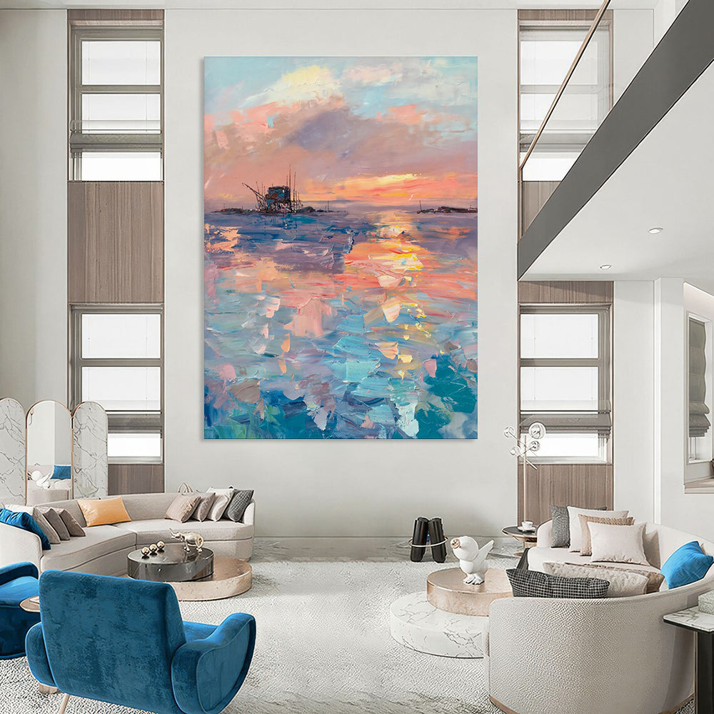 Sunset at Sea Abstract Painting with Colorful Reflections ADGE531