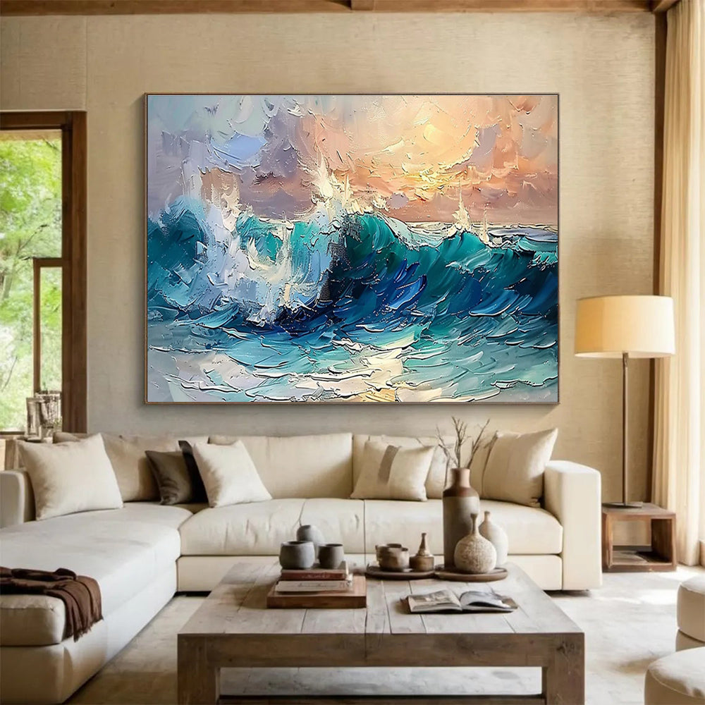 Dynamic Sea Wave Abstract Painting with Turquoise and White Crescendos THY296