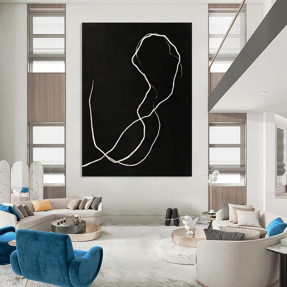 A large abstract drawing featuring white lines on a black background with elegant curves and delicate ink washes inspired by dark art style.STSC1189