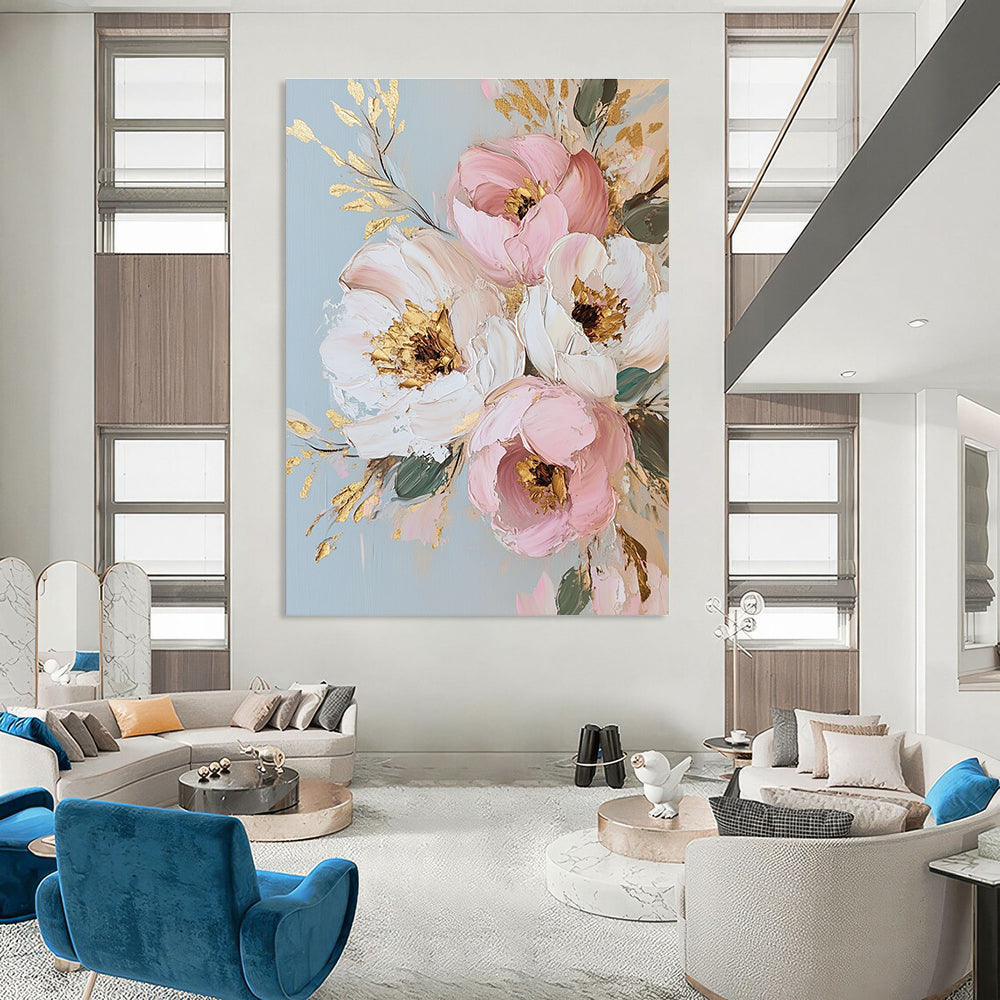 Large abstract painting featuring light pink and gold flowers on a light gray background with exquisite details and a white and cream style.STSC1375