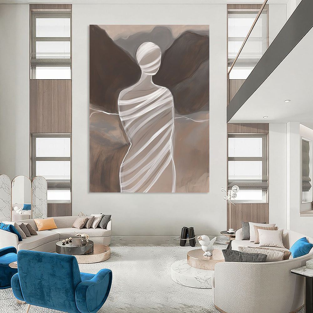Large abstract painting featuring a faceless woman in striped fabric atop Mount Lao with delicate lines minimalist style and subtle color transitions.STSC1268