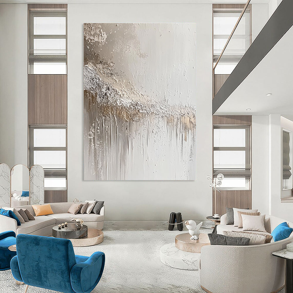 Large abstract painting featuring an apocalyptic landscape with intricate grey and silver splashes inspired by Zdzisław Beksiński.STSC843
