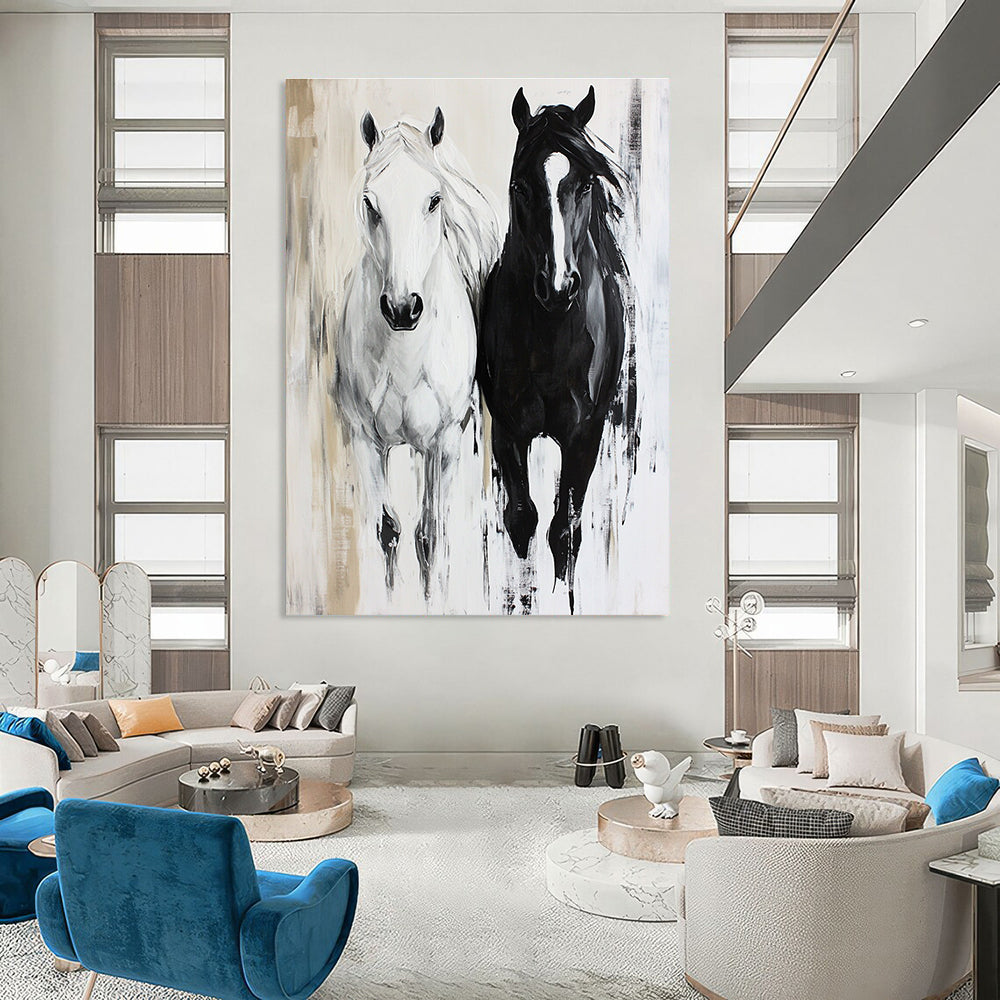 Large Abstract Painting Featuring Two Horses A White and a Black Horse in a Unique Artistic Expression.STSC1452