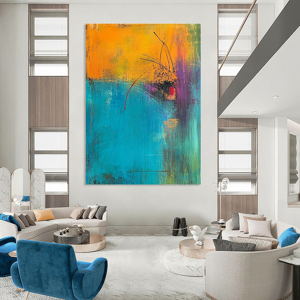 Abstract painting featuring a turquoise and amber background with magenta highlights and an orange foreground accented in yellow green and blue.STSC405