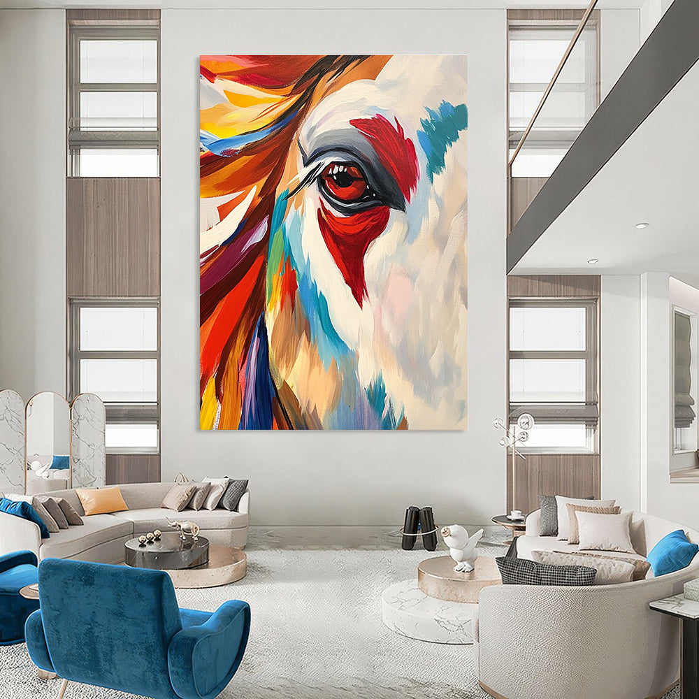 Large abstract painting featuring an Indian horse with vibrant colors bold brushstrokes and dynamic patterns showcasing strength elegance and intricate fur textures.STSC846