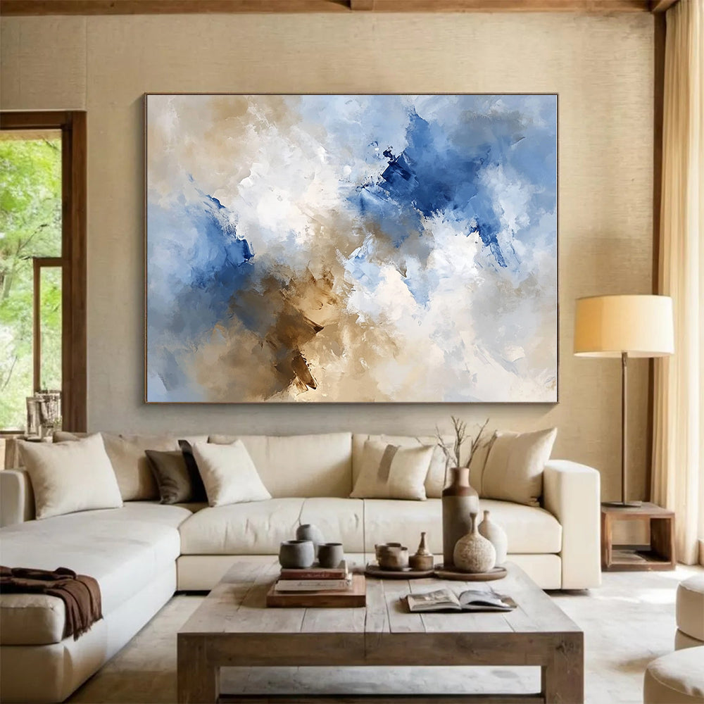 Blue and Beige Abstract Painting with Soft Cloud - like Textures GER370