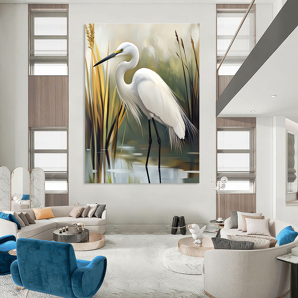 Abstract painting of an egret in a serene marsh setting featuring soft feather textures and tranquil green and gray hues.STSC1293