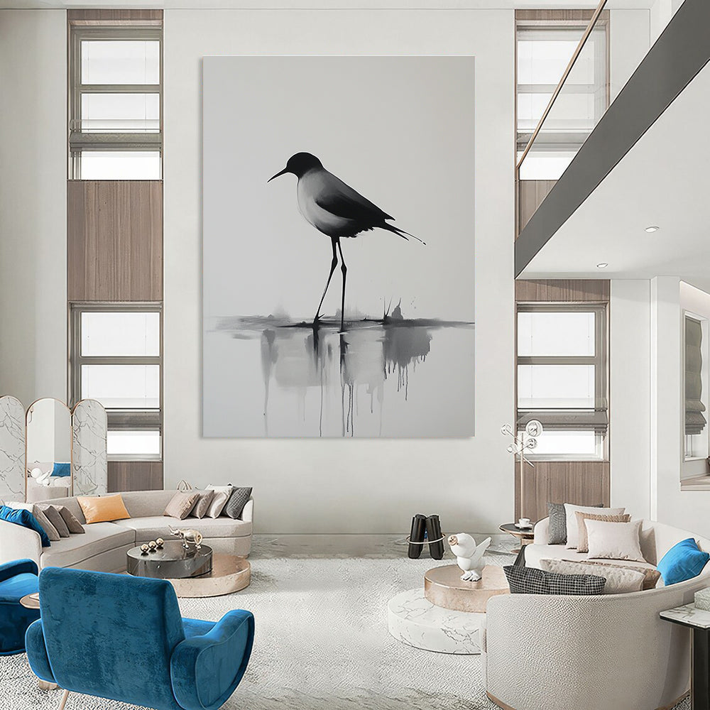 Abstract painting of a long-legged bird walking on water with minimalistic lines and reflections captured in morning light in a close-up view.STSC911