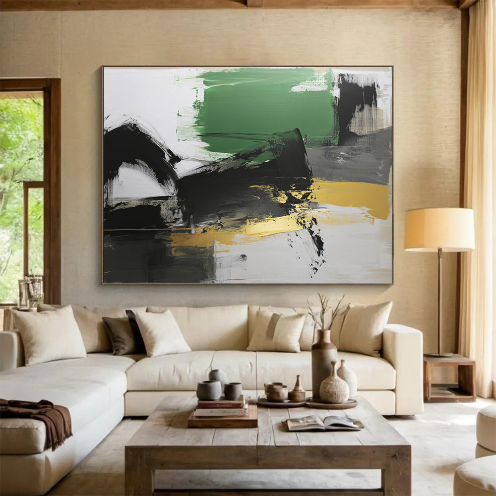 Black Green and Gold Abstract Painting with Bold Contrasts GER527