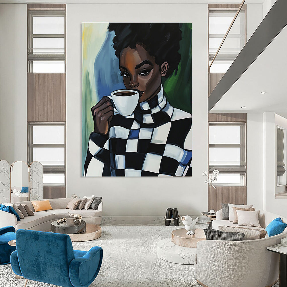 An abstract oil painting featuring a Black woman in a checkered turtleneck enjoying coffee, radiating warmth and style.STSC919
