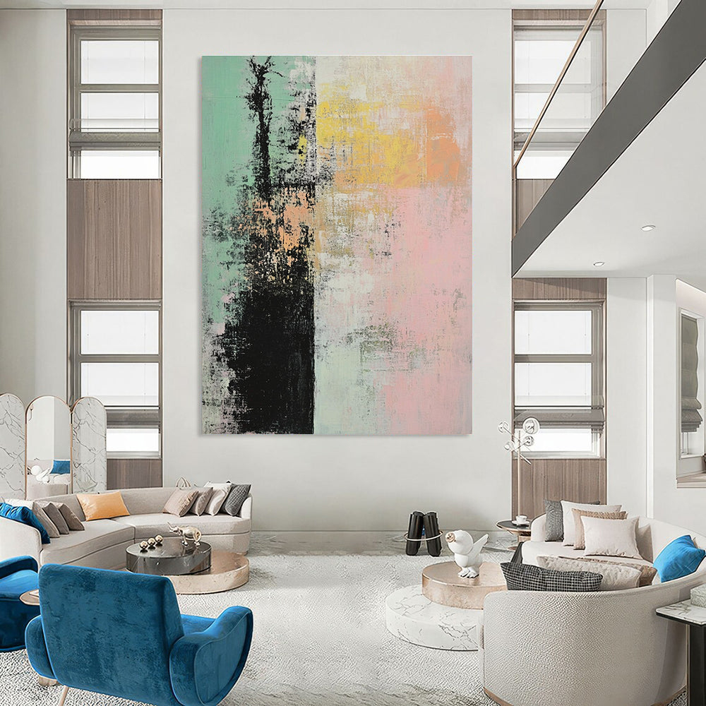 Large abstract painting featuring soft pink green and yellow hues with textured layers creating a serene tree motif against a tranquil background.STSC796