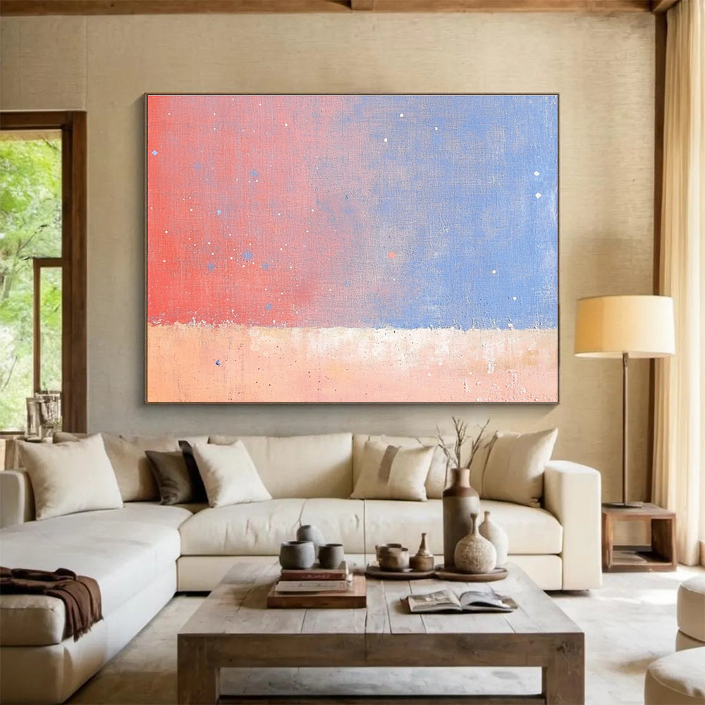 A large abstract painting depicting the sky and stars over an orange desert with soft pink and blue tones in a minimalist style.SC366