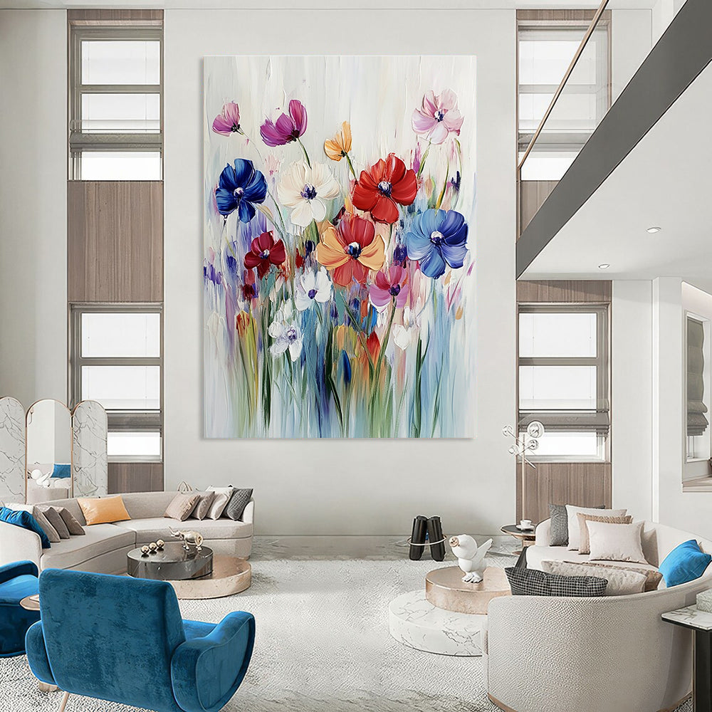 Large abstract painting of vibrant wildflowers in bold acrylic strokes against a soft white background capturing the essence of a colorful meadow.STSC993