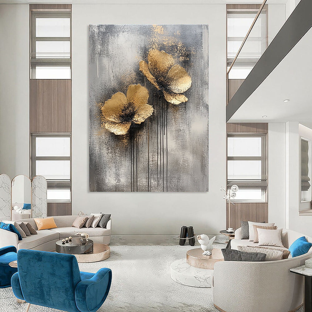 Large abstract painting featuring silver and gold on a grey background creating an atmospheric and captivating visual experience.STSC486