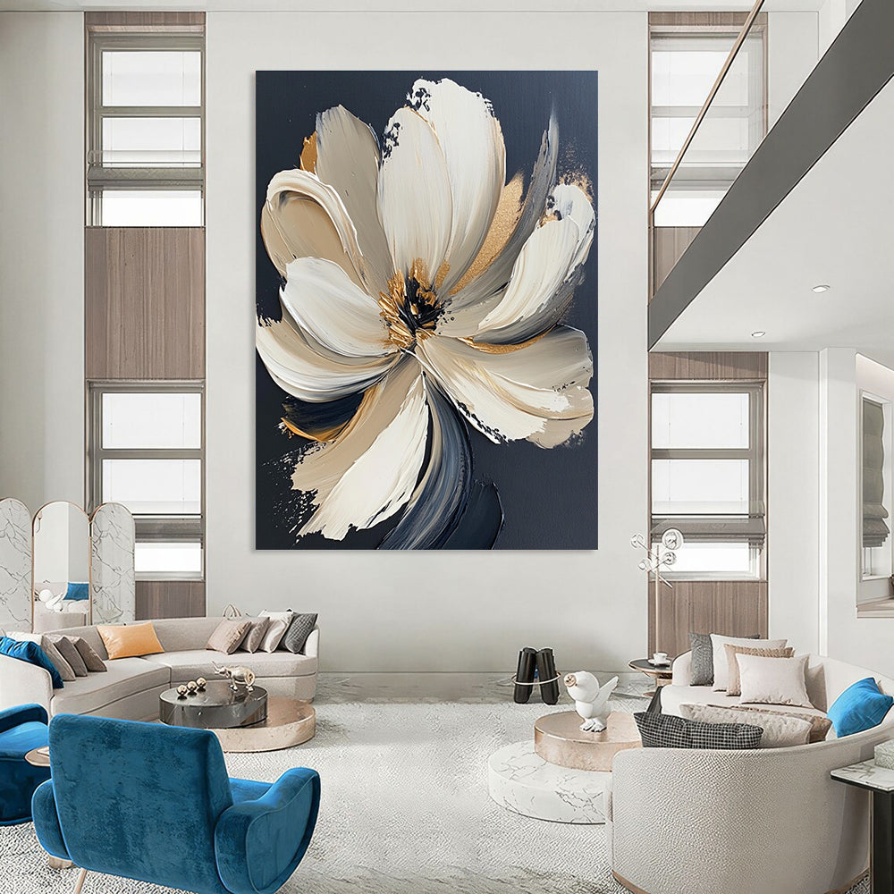Large Abstract Painting Featuring A White Flower With Gold Accents Bold Brush Strokes And Neutral Colors Set Against A Black Background.STSC293