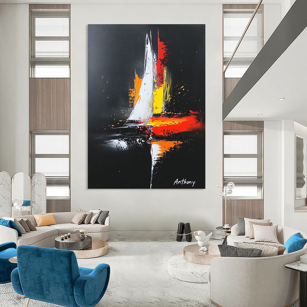 Large abstract painting featuring a sailboat on a black background with white highlights and vibrant red yellow and orange accents in a minimalistic style.STSC815