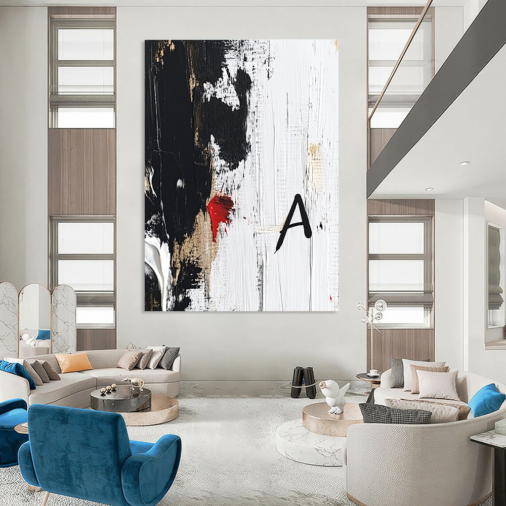 Large abstract painting in black and white with red accent showcasing thick brushstrokes and textures on a white background with signature A.STSC026