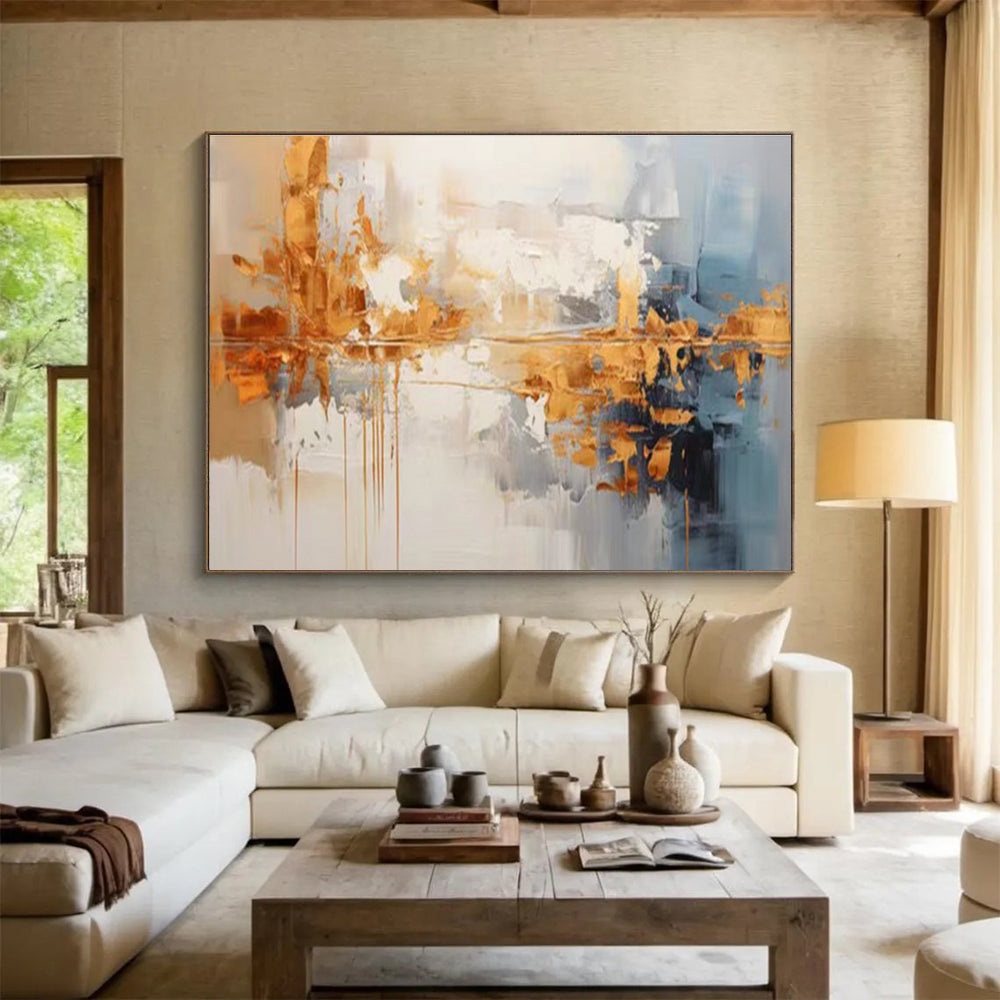 Gold and Blue Abstract Painting with Metallic Gold and Cool Blue Tones THY183
