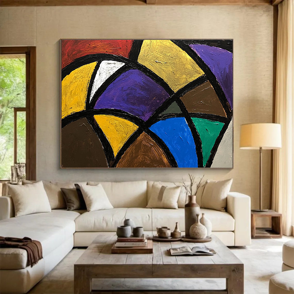 A large abstract painting featuring bold colorful lines and shapes with dark gray and beige tones, creating a sense of depth and complexity.SC440