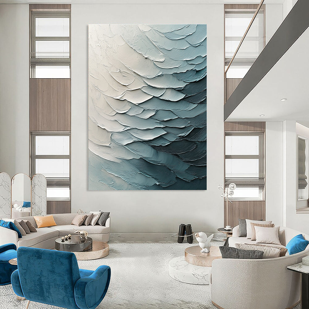 Large abstract painting with textured canvas and impasto strokes features fluid waves in light blue tones and volumetric lighting.STSC204
