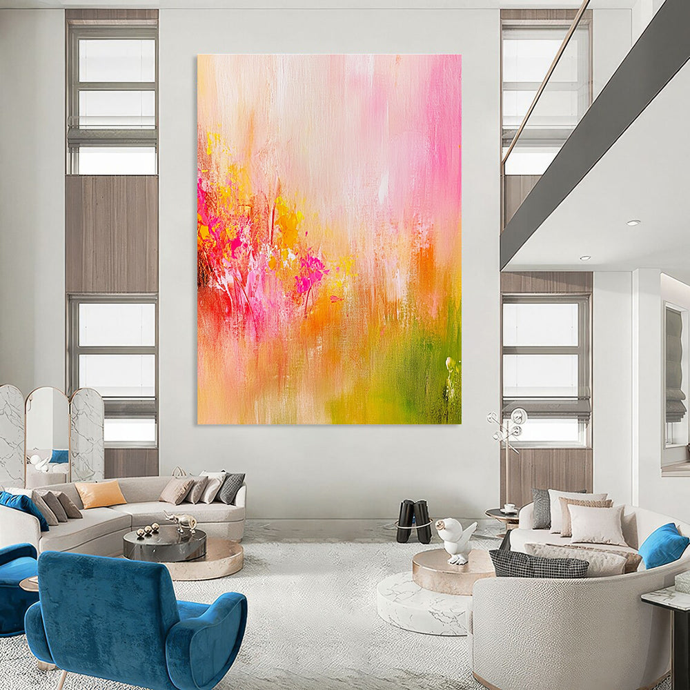 Large abstract painting in soft pink and yellow tones with delicate brushstrokes and a vibrant background evoking a romantic dreamy atmosphere.STSC489