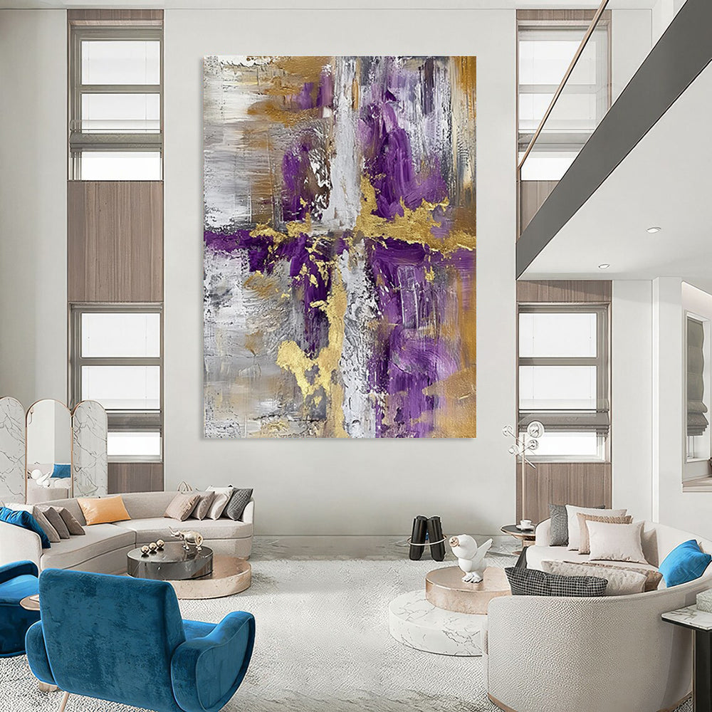 Purple and Gold Cross Abstract Painting with Gray and White ADGE135