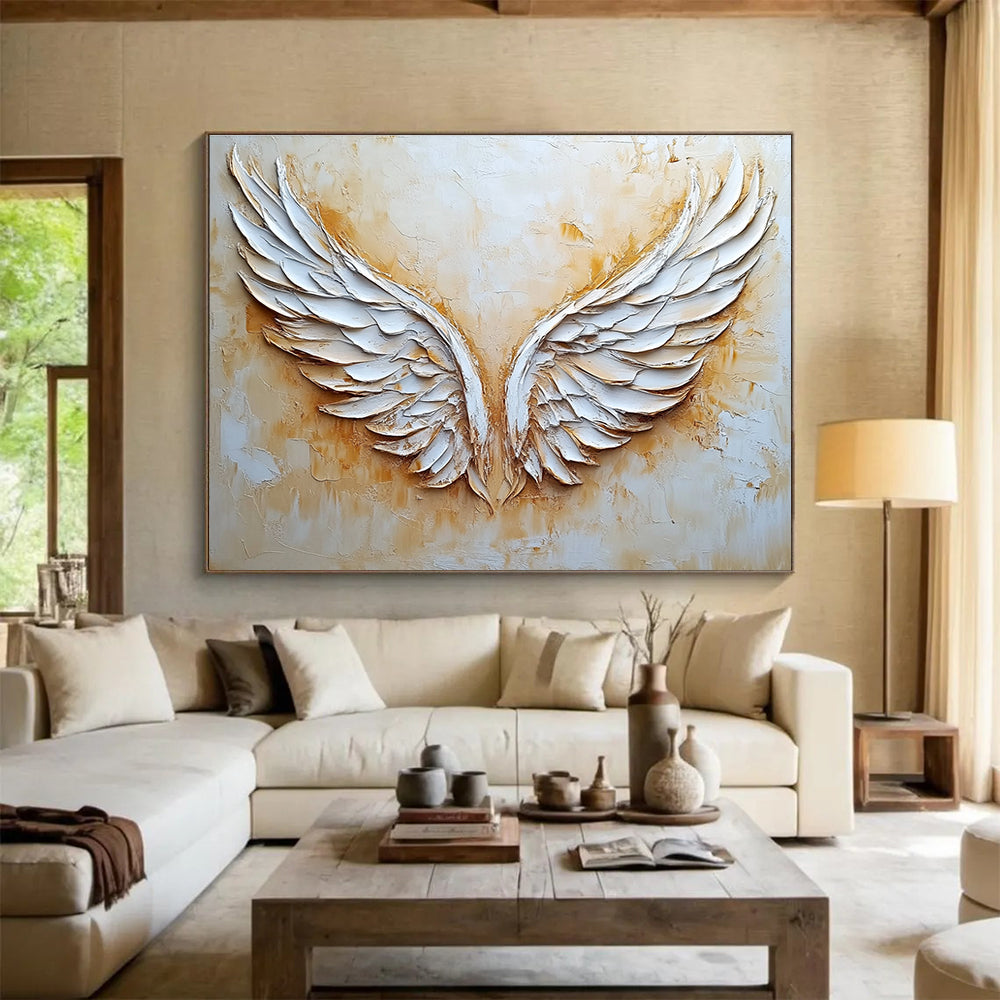 Large abstract angel wings oil painting in beige and white on textured canvas adds elegance and depth to any space.SC004