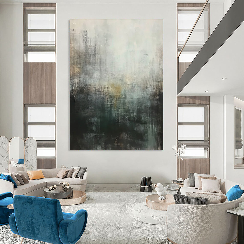Large abstract painting featuring muted gray tones with hints of green and brown conveying a calm yet melancholic urban landscape.STSC604