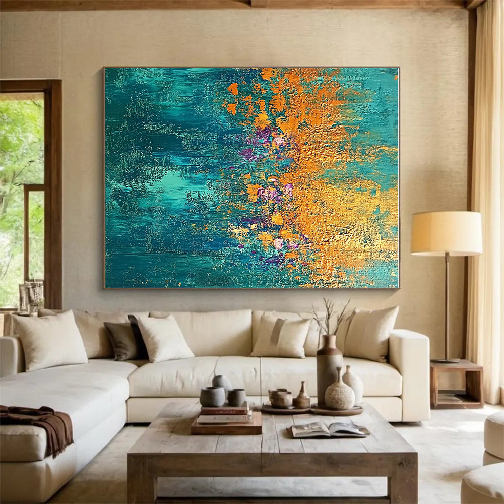 Teal, Gold, and Purple Abstract with Floral Hints GER288