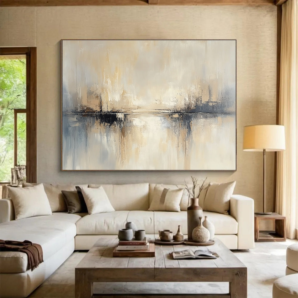 Large abstract painting featuring beige and grey tones soft edges and blurry water reflections against a neutral background.SC227