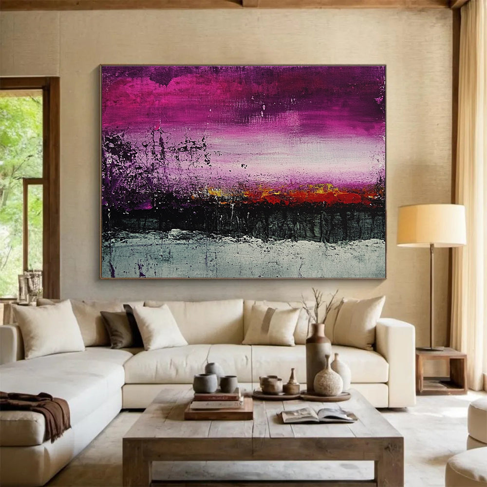 A large abstract painting of a landscape featuring purple and grey shades with textured dark green and red tones for a striking visual impact.SC341