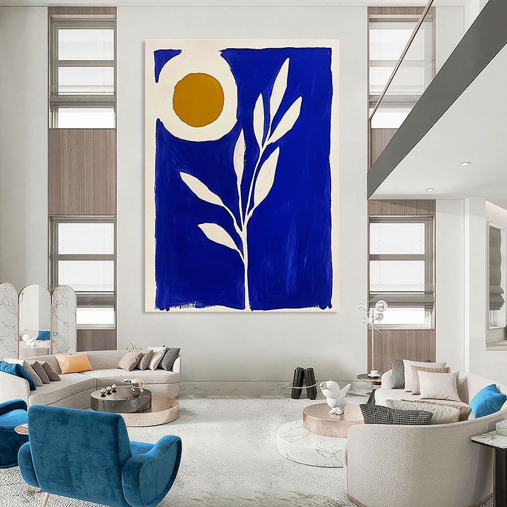 Large abstract painting in blue and white featuring a plant with the sun in a Matisse-inspired block print style.STSC921