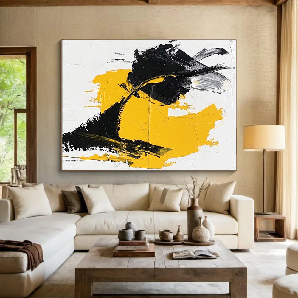 Yellow Black White Abstract Painting with Bold Shapes GER742
