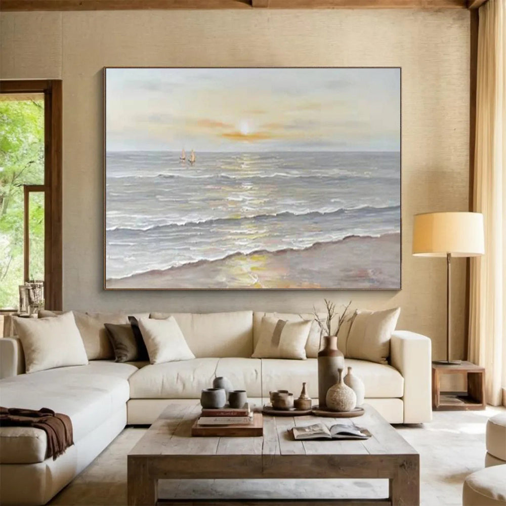 Serene Seaside Sunset Abstract Painting with Soft Warm Hues THY251