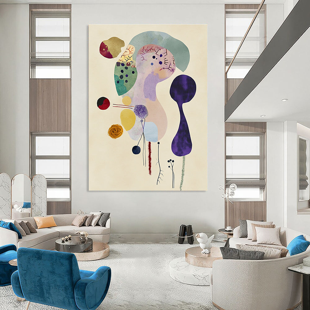 Large abstract fabric figure surrounded by soft pastels doodles wool yarns and watercolor washes on textured paper minimalist style in Matisse inspiration.STSC1351