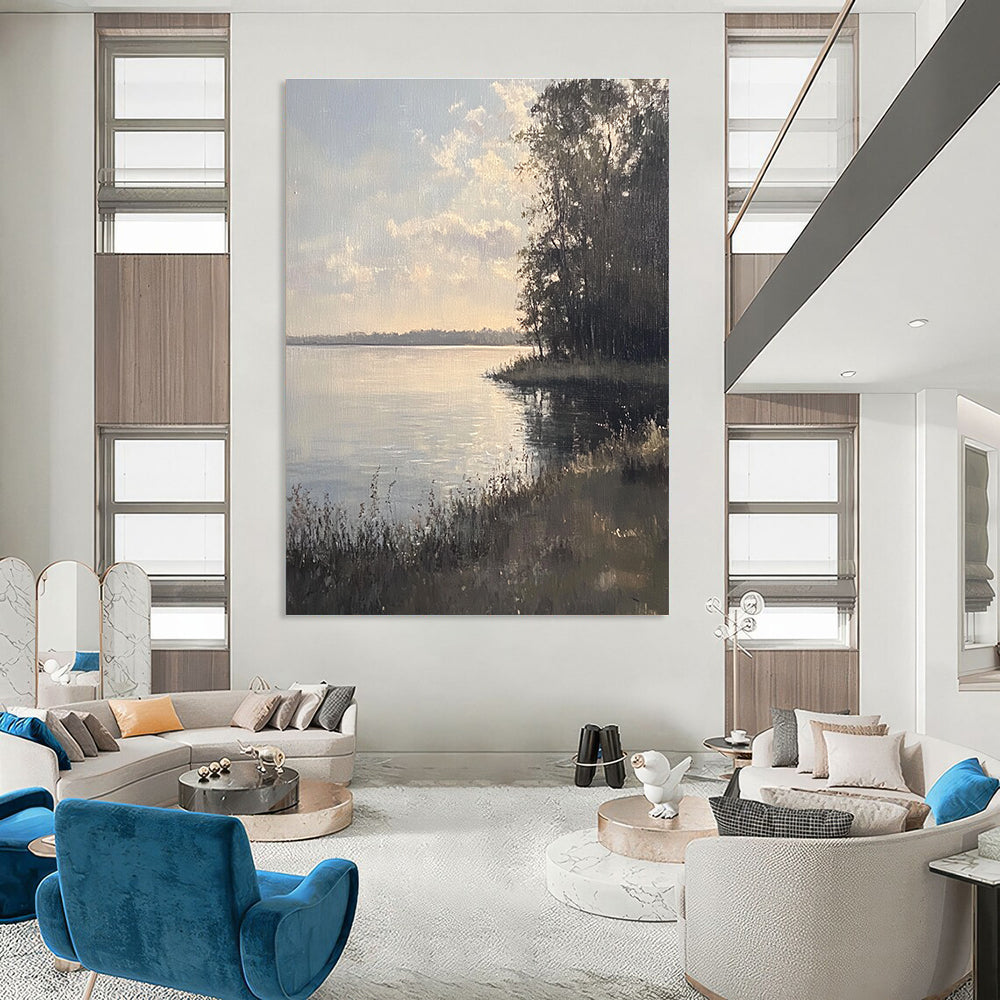 Large abstract painting depicting serene Chautauqua Lake with muted colors soft sunlight and detailed brushstrokes creating a tranquil atmosphere.STSC1173
