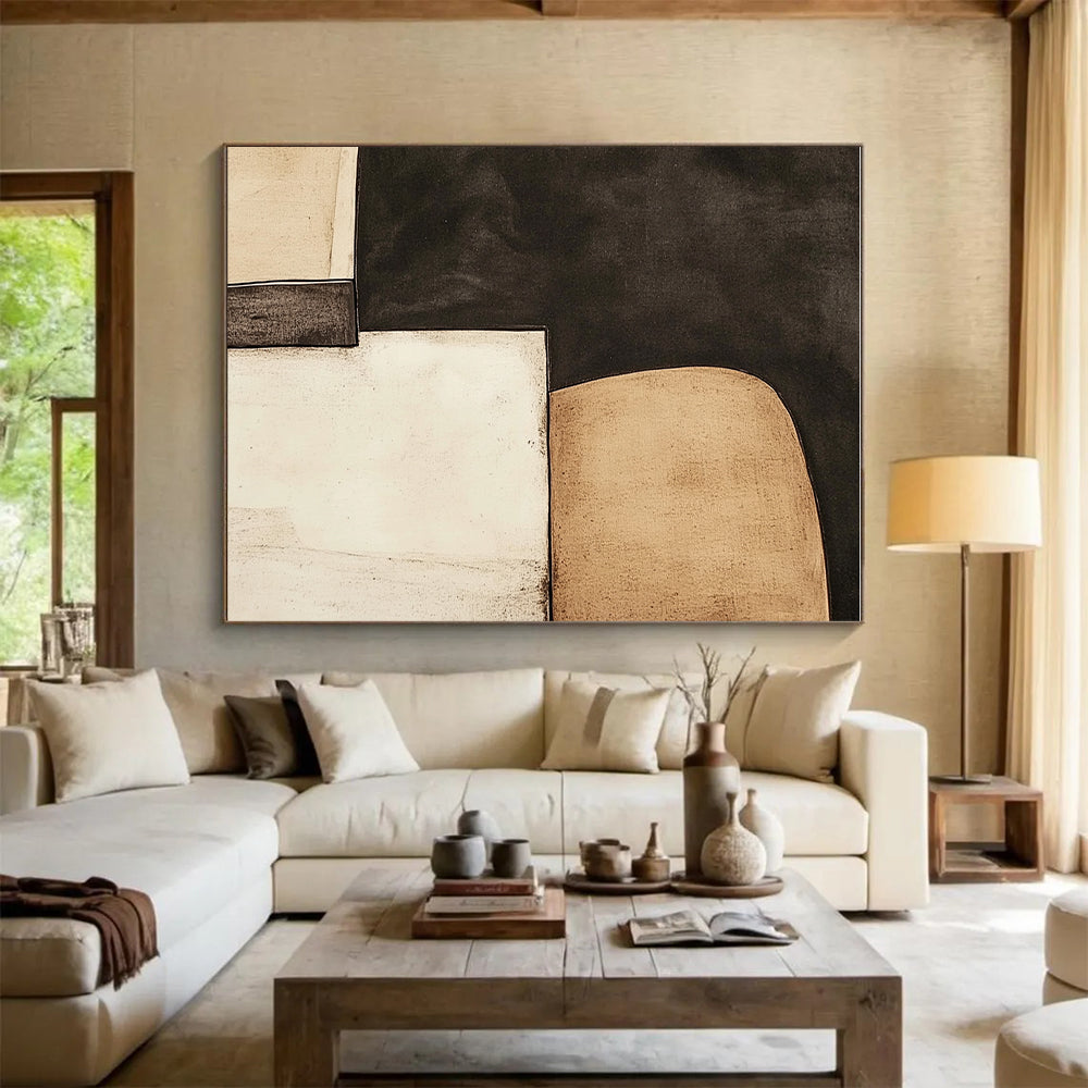 Black and Beige Abstract Painting with Minimalist Forms GER057