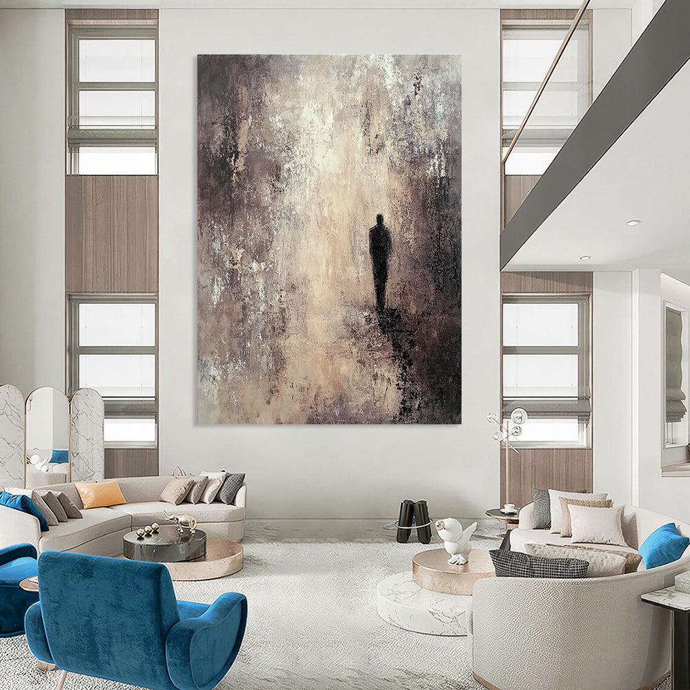 Large abstract painting featuring deep layers textured in brown and gray tones with a mysterious dark figure amidst an exquisite atmospheric backdrop.STSC206