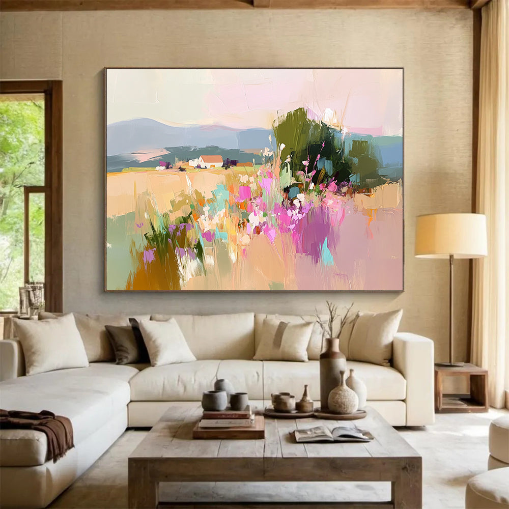 Colorful Rural Landscape Abstract Painting with Vivid Florals and Fields DYP263