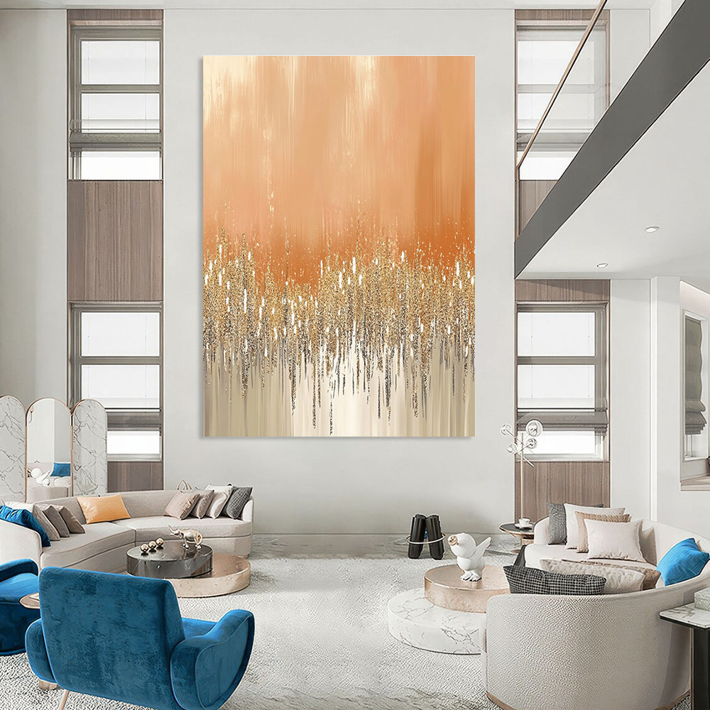 Large abstract painting featuring glittery gold and silver dust on a peach-fuzz beige background ideal for festive or glamorous settings.STSC980