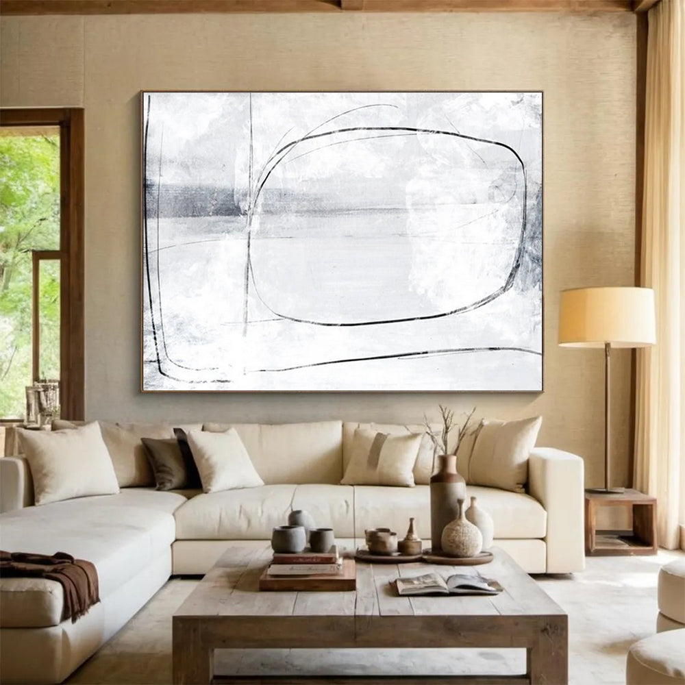 Grey and White Minimalist Line Abstract Painting THY140