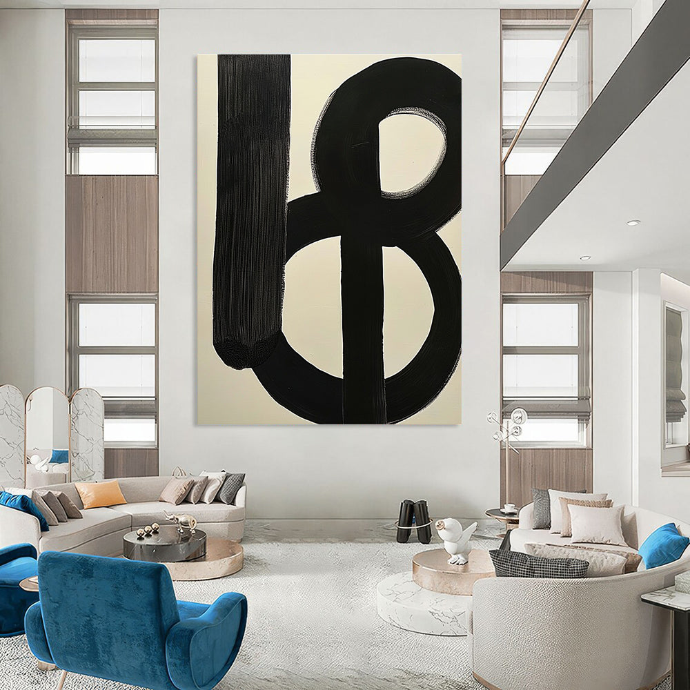 Large abstract painting featuring simple black and white shapes inspired by Jackson Pollock's style.STSC378
