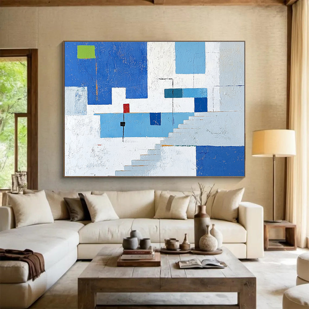 Blue and White Geometric Architectural Abstract Painting DYP081