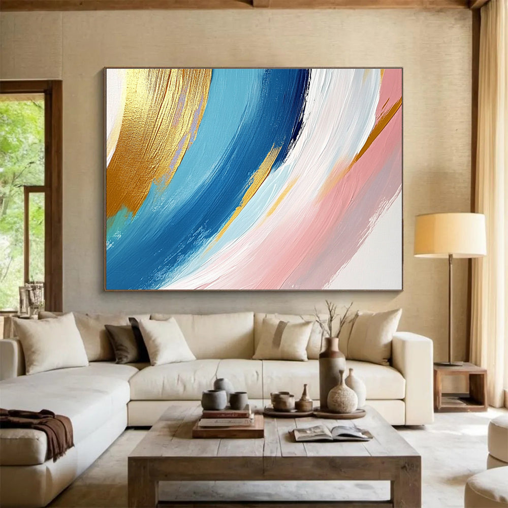 Gold Blue Pink - Flowing Brushstrokes Abstract Painting DYP035