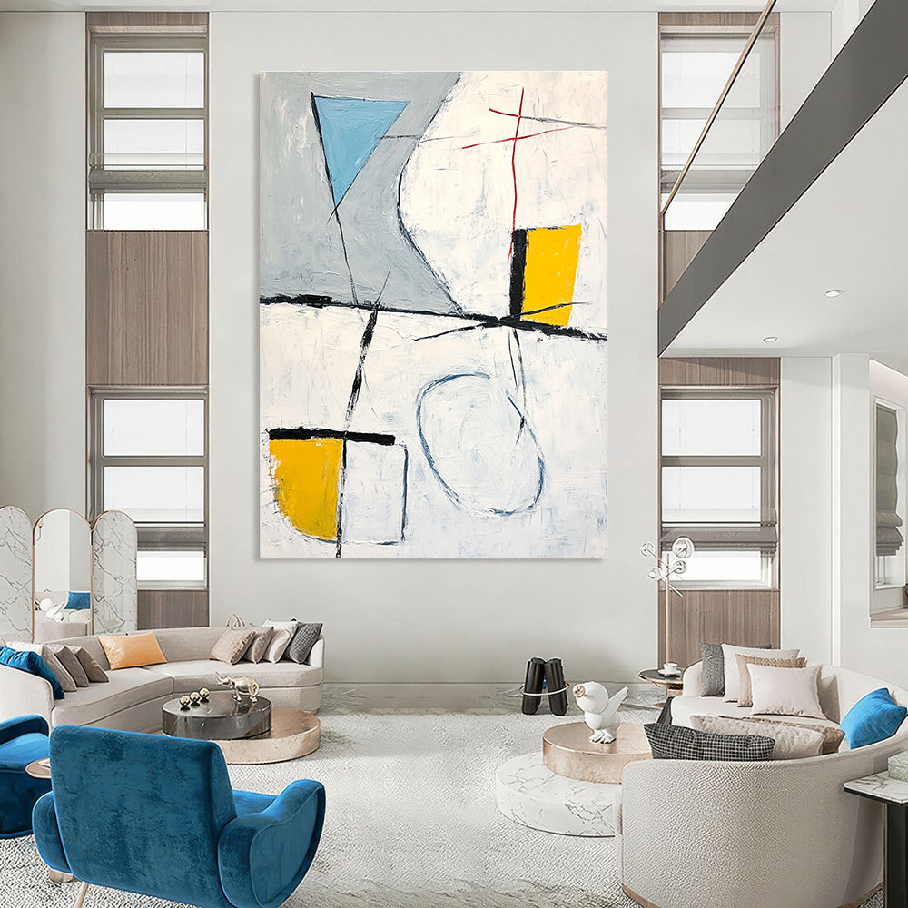 Large abstract painting featuring gray white and yellow shapes with a blue line connecting corners and black brush strokes.STSC612